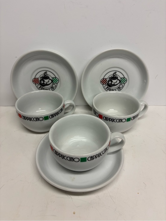 Projecting 2500 LTD Other - Cappuccino Espresso Cups with Saucers - White with Red & Green Accents Set of 3